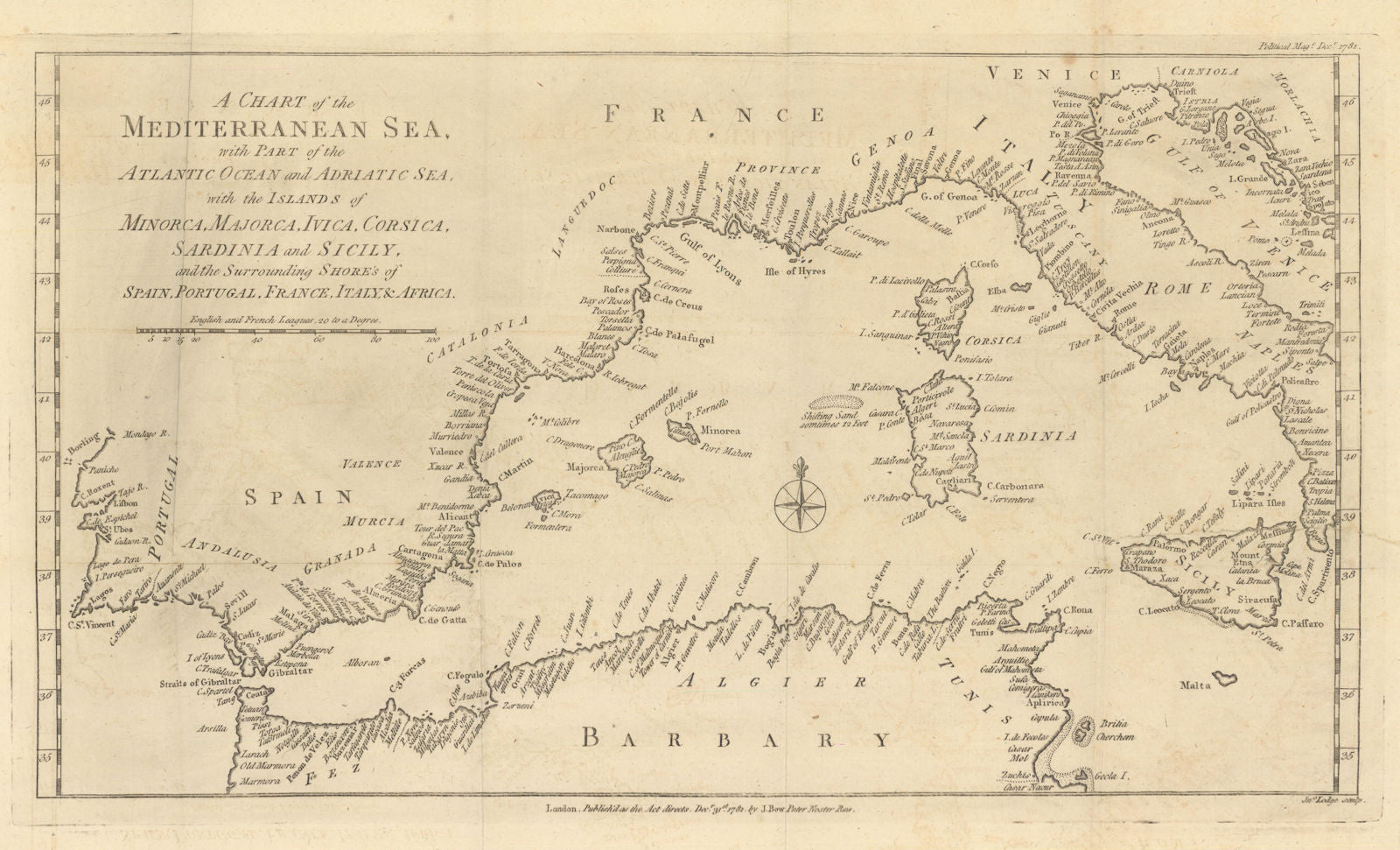 A Chart of the Mediterranean Sea, with Part of the Atlantic. John Lodge 1781 map